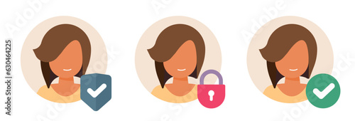 Personal data shield security icon vector graphic, flat user account locked permission, privacy private cyber digital identity permission illustration set, virtual safety check mark verify defense