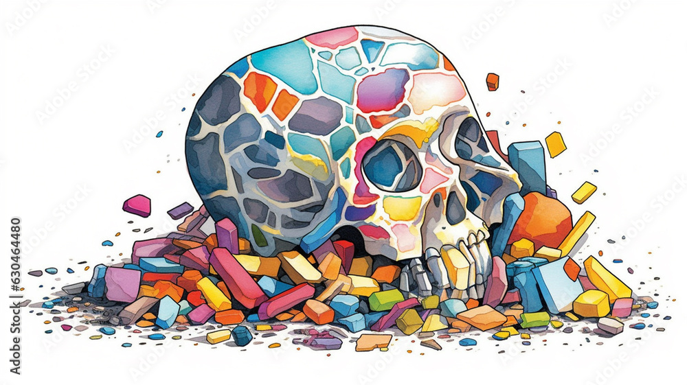 Fototapeta premium Skull, piece of past, tiles of suffering, pain, burning in blue light of colorful emotions, love, AI GENERATIVE