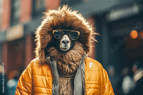 Street fashion alpaca with sunglasses. Urban hustle and bustle like London or New York, street style, Hipster concept, Funny and cute animals. Fictional place. Made with Generative AI