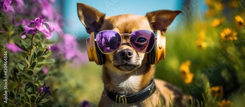 A brown chihuahua dog wearing sunglasses and headphones is sitting on green grass in a garden with purple flowers in the background. The dog is looking at the camera with copy space.