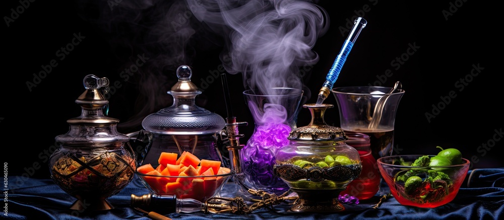 picture of a hookah with a glass flask, a metal bowl, and shisha producing colored smoke on a table against a black background. also empty space for additional content. picture of a hookah with a glass flask, a metal bowl, and shisha producing colored smoke on a table against a black background. also empty space for additional content.