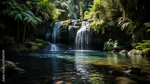 A stunning waterfall surrounded by endangered plant species, hidden deep within a nature reserve 