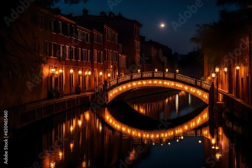 A bridge between a canal in a dark night. AI Generative