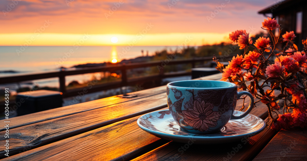 Sunrise Sip: Coffee Mug on Table in Warm Light Sunrise Sip: Coffee Mug on Table in Warm Light