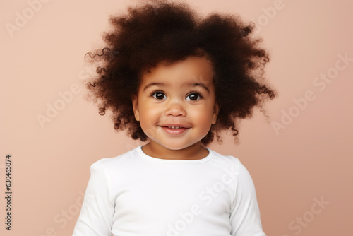 design mockup: cute black baby girl wearing white blank shirt or bodysuit on a pastel brown background, studio shot © World of AI