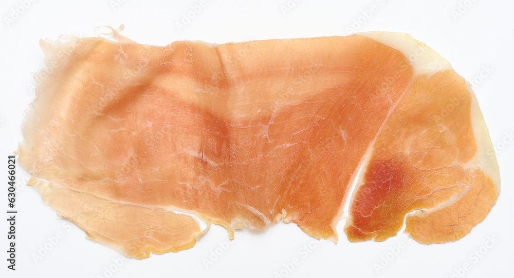 Thin piece of jamon on a white background, top view Thin piece of jamon on a white background, top view