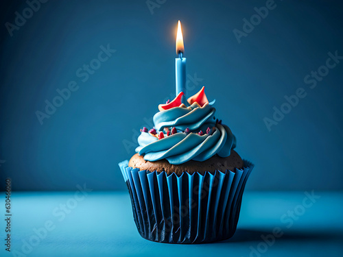 Birthday Background with blue Birthday Cupcake and Candle, Birthday Gift and Party Hat, Copy Space