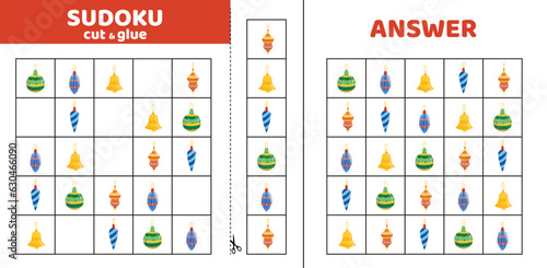 Sudoku for kids with Christmas ornaments. Sudoku for kids. Cut and glue. Cartoon