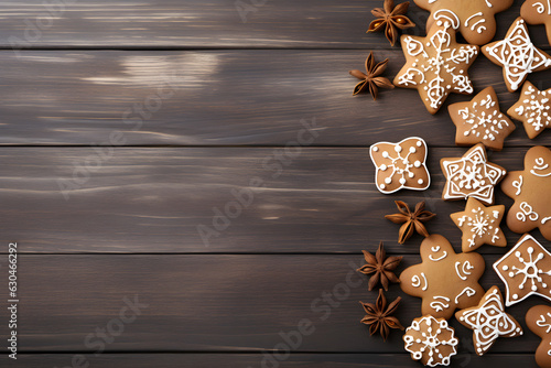 Festive Gingerbread Cookies on Wooden Surface - Generative AI