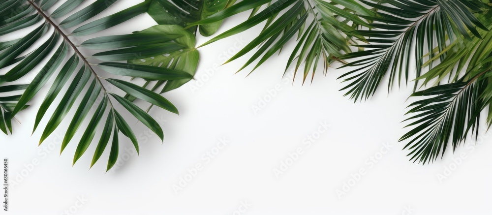 Tropical palm leaves placed on a white background, representing the summer concept. is taken from a top-down perspective, showcasing a flat lay arrangement with empty space for text.