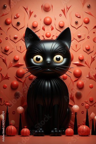 A figurine of a black cat is in front of the cheerful red and orange background