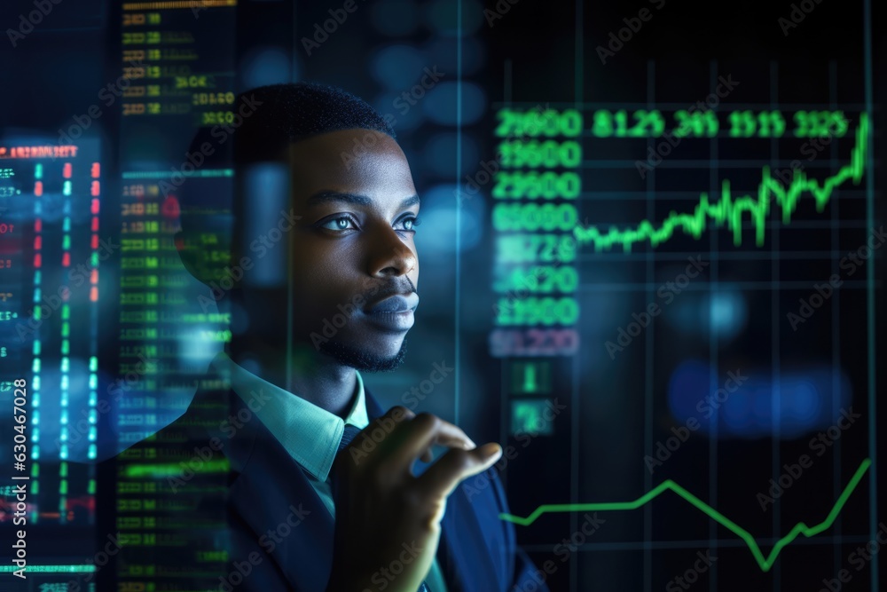 Portrait of Black Stock Market Trader Doing Analysis of Investment Charts, Graphs, Ticker Numbers Projected on His Face. African American Financial Analyst, Digital Entrepreneur Successfully Trading Portrait of Black Stock Market Trader Doing Analysis of Investment Charts, Graphs, Ticker Numbers Projected on His Face. African American Financial Analyst, Digital Entrepreneur Successfully Trading