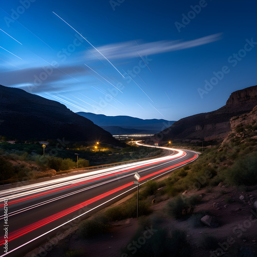 daytime photograph of highway in the mountains with light trails  in the style of traditional landscapes  soft  richly coloured blue skies  rim lights