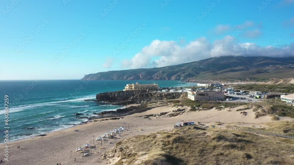 Aerial view of coast of the Atlantic Ocean, Guincho beach, Portugal. June, 2023. The perfect background for your projects. Aerial view of coast of the Atlantic Ocean, Guincho beach, Portugal. June, 2023. The perfect background for your projects.