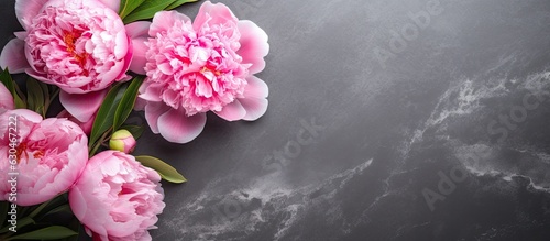 Flat style top view of a gray stone table with beautiful pink peony flowers and a space for your text.