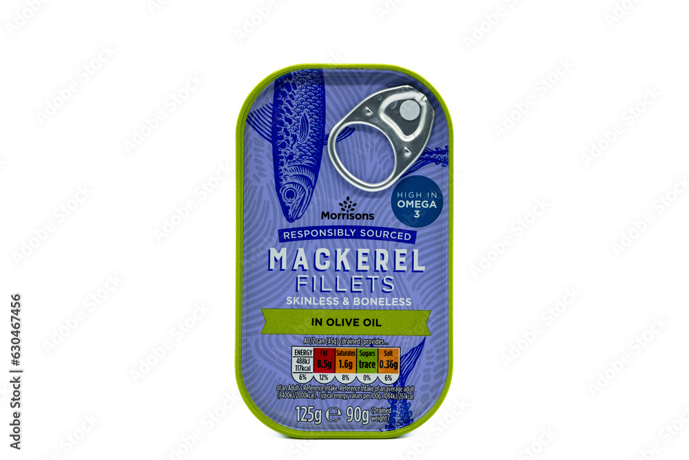 Irvine, Scotland, UKJuly 21, 2023 One tine of Morrisons branded Mackerel fillets in olive oil