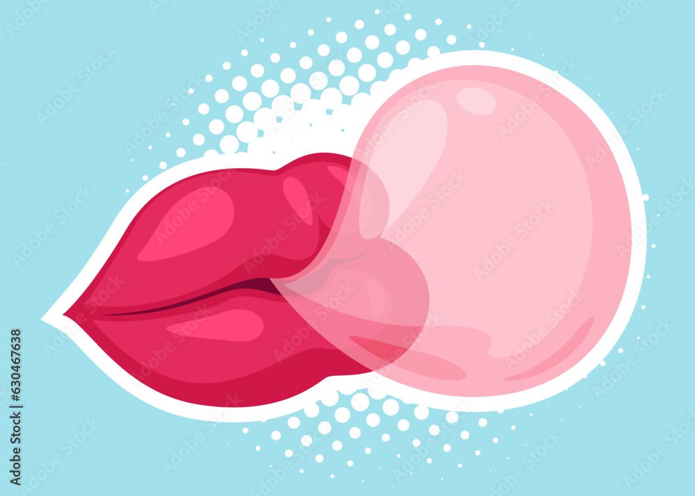 Chewing gum with female lips bubbles splash. Cartoon chewy sweet candies. Stains and sticky stretchy forms. Vector illustration