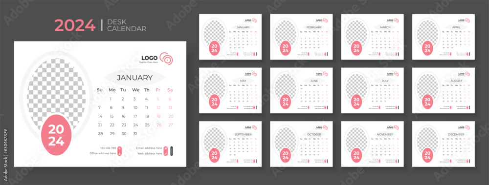 Desk calendar template 2024 Week Starts on sunday Office Calendar