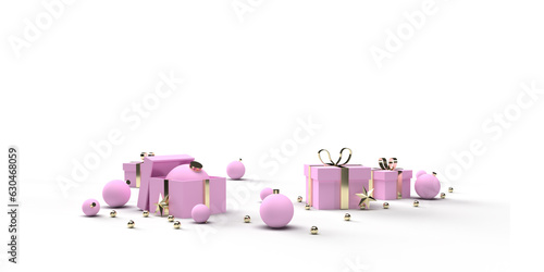Christmas pink baubles and gifts with gold ribbons on white background, christmas web banner, christmas background 3D design