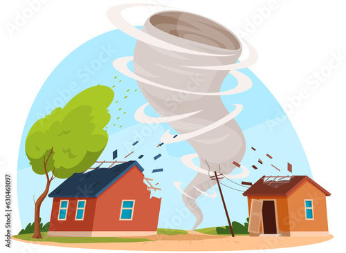 Tornado. A natural disaster of a destructive large-scale nature. Destruction of human habitation. Vector illustration
