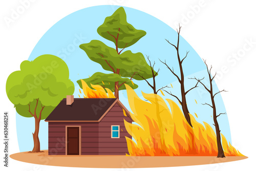 A forest fire near the house. A natural disaster of a destructive large-scale nature. Destruction of human habitation. Vector illustration