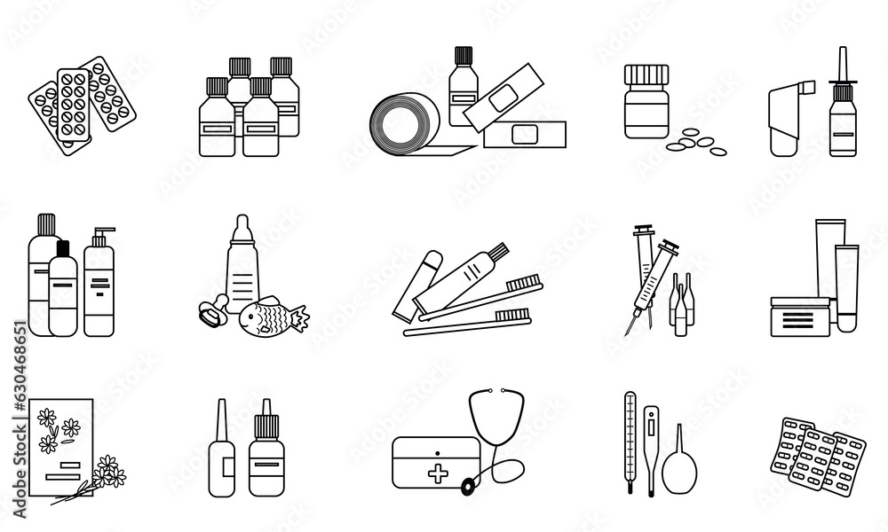 Icons for medicine, pharmaceutical industry, pharmacies, clinics. Icons isolated on white background. Icons for medicine, pharmaceutical industry, pharmacies, clinics. Icons isolated on white background.