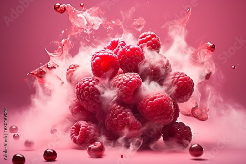 Many fresh raw red raspberries exploding and flying all around the pink background, steam and smoke behind. food levitation. Generative AI technology