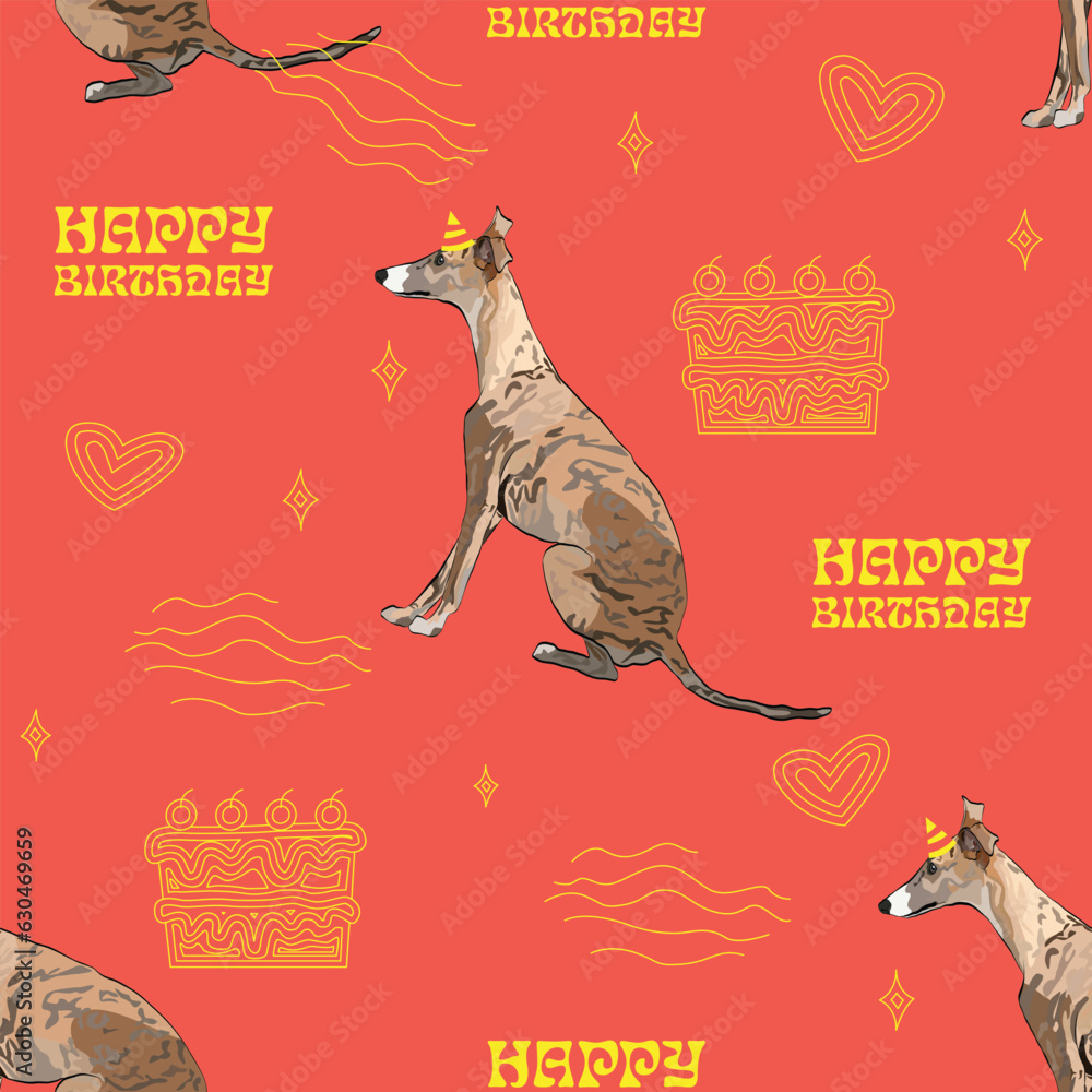 Happy Birthday Pattern with whippet dogs in a party hat, seamless