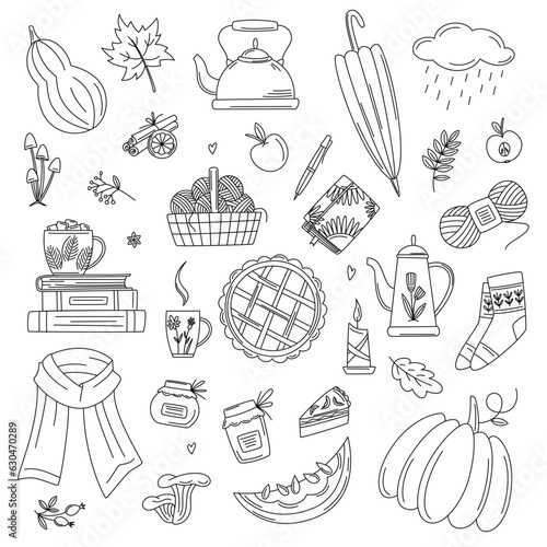 Autumn outline doodles. Hand drawn vector set of sketches: scarf, teapot, pumpkin pie, mushrooms, leaves, pumpkins. Autumn, hygge, harvest festival. Fall season elements for card, poster, sticker