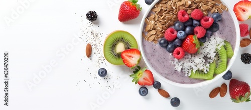 A plant-based diet concept featuring a vegan smoothie bowl with chia pudding, berries, and granola, presented in a coconut shell on a white background. Top view with copy space.