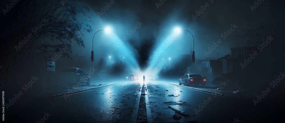 Night street. Wet asphalt, a man in the night, reflection of neon lights, smoke of lanterns. Screensaver. Generated AI