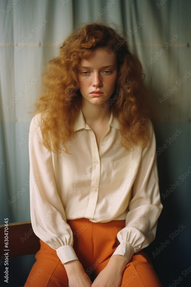 portrait of a woman/model/book character standing by a window in shadows with a thoughtful/sad expression -mental health, depression, therapy - in style film photography look - generative ai art portrait of a woman/model/book character standing by a window in shadows with a thoughtful/sad expression -mental health, depression, therapy - in style film photography look - generative ai art