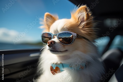 Cute pomeranian puppy wearing sunglasses in a car © Diatomic