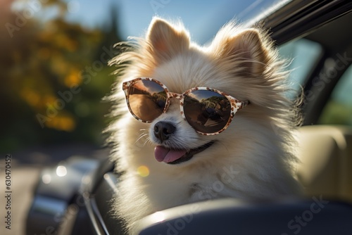 Cute pomeranian puppy wearing sunglasses in a car © Diatomic