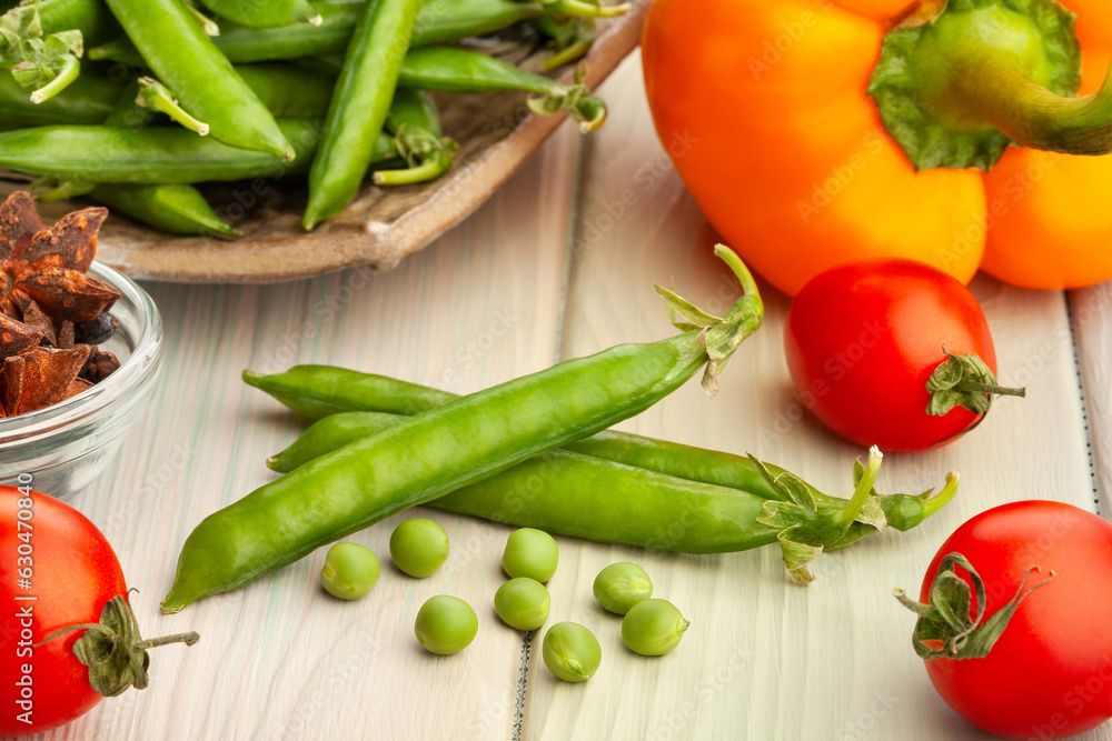 green pea on wood background