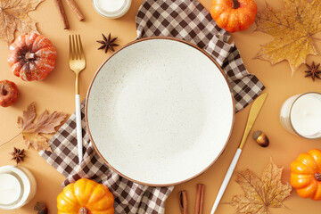 Thanksgiving day concept. Top view shot of plate, cutlery, raw pumpkins, dry maple leaves, checkered napkin, anise, candles, cinnamon sticks, acorns on pastel brown background