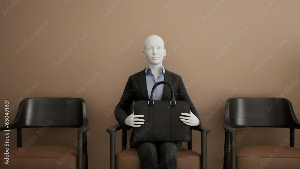 Futuristic female android robot sitting on a chair and waiting for a job interview, AI and innovation concept. 3d animation, speed motion Futuristic female android robot sitting on a chair and waiting for a job interview, AI and innovation concept. 3d animation, speed motion