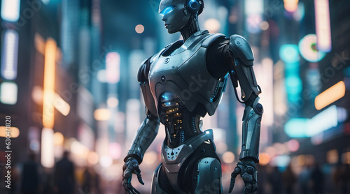 A cybernetic humanoid robot standing tall amidst a futuristic city