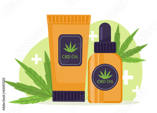 Canabis cosmetic concept. Natural and organic sprays and creams. CBD oil with plant leaves. Beauty procedures, SPA and skin care. Aesthetics and elegance. Cartoon flat vector illustration
