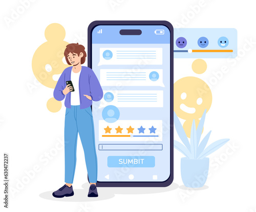 Coment to phone concept. Man communicates in social networks and messengers. Remote communication and interaction. Young guy with feedback and review online. Cartoon flat vector illustration