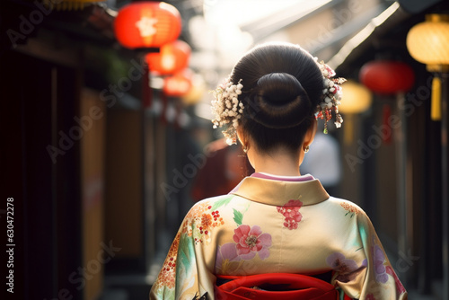 Back view of Asian woman in traditional Japanese Kimono. Generative AI illustration
