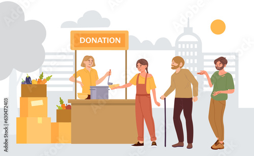 People with donation food concept. Homeless men and women near stand with natural and organic products. Generosity, charity and kindness. Girl with vegetables. Cartoon flat vector illustration