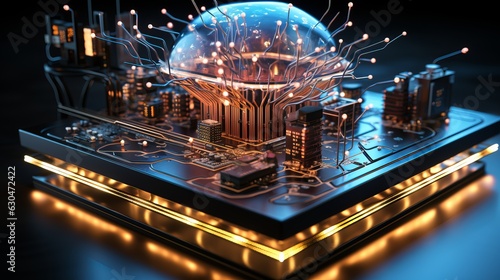 A macro image of a processor or a graphic card, technological device storing memory, brain-shaped, hardware close-up, neon led lights. Generative AI technology