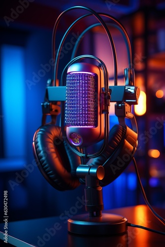 A close-up of a microphone and headphones for podcasting or ASMR sounds on black stand in a neon led lighting, cyan and magenta, in a sound recording studio. vertical. Generative AI technology