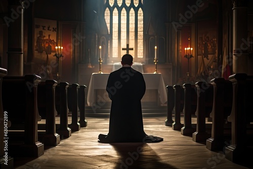 Fotografia Faithful priest praying in catholic church. Back view.