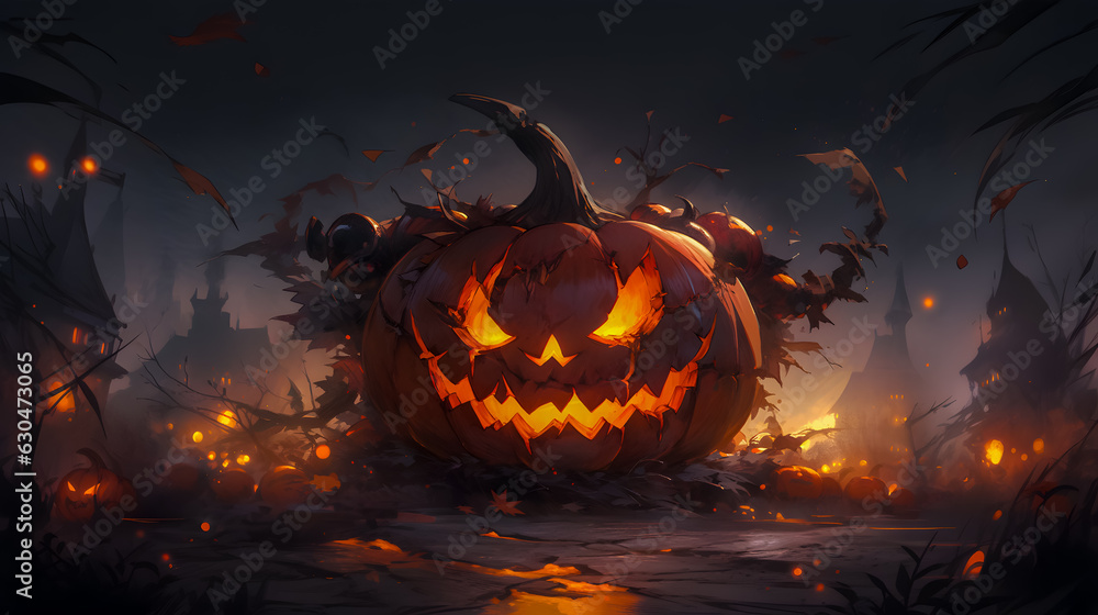 Naklejka premium spooky halloween pumpkin lies against eerie background (Generative AI)