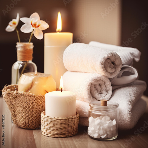 Spa still life with candles, towels and flowers on a table. Beauty treatment concept. AI generated content.