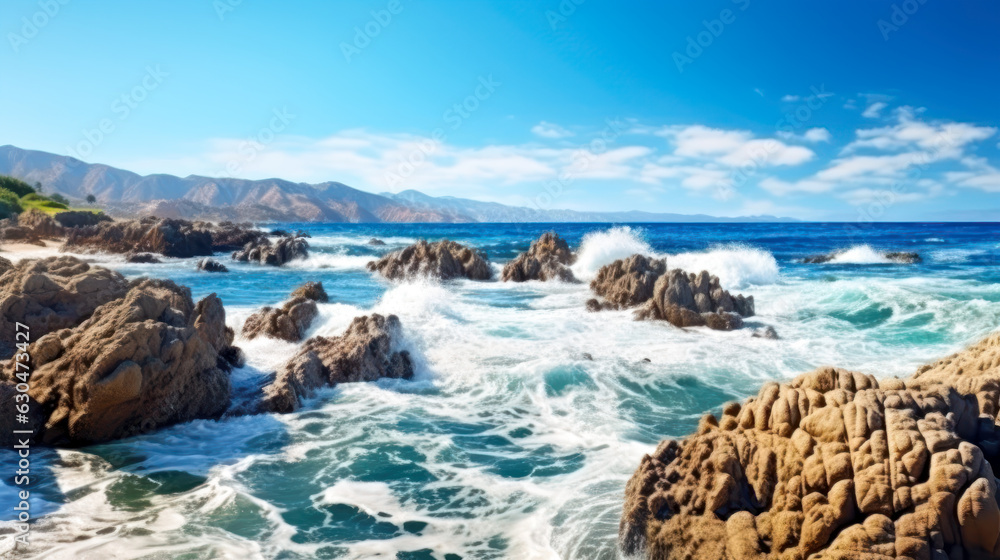A Sunny Day at the Ocean with Rocky Coastline with Waves and a Mountain Range AI Generated A Sunny Day at the Ocean with Rocky Coastline with Waves and a Mountain Range AI Generated