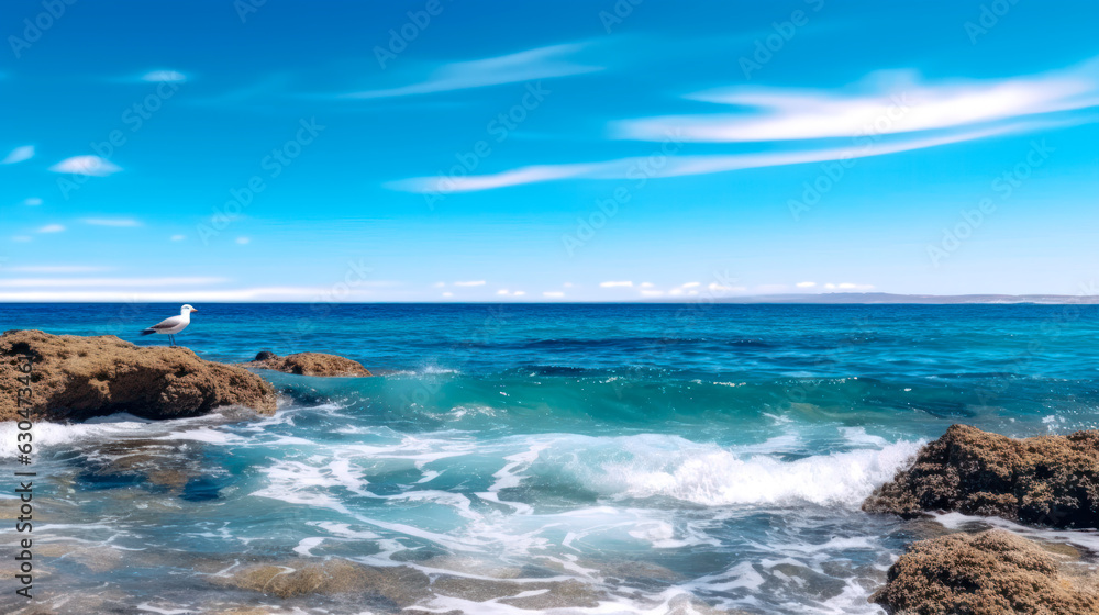 Seagull on a Rock with a Blue Ocean and Sky Mossy Rock with Waves and Clouds AI Generated