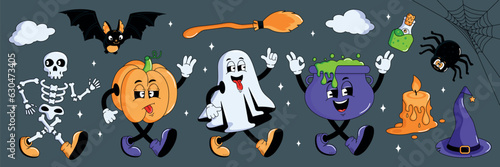 Happy modern Halloween set in retro cartoon style. Elements ghost  pumpkin  skeleton  bat  potion  cauldron  spider  broom. Vector illustration in 90s style.